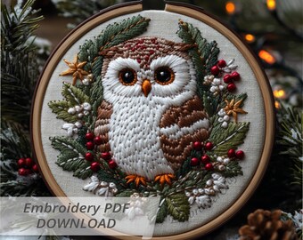 Christmas Owl Embroidery Pattern: Holiday Wreath With Animal Hoop Art (PDF Pattern, 6 Sizes