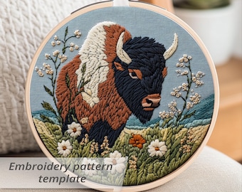 Handgesticktes Stickmuster von Bison: Eine handbestickte Wildtier Stickdatei für ein rustikales Zuhause (PDF Download)