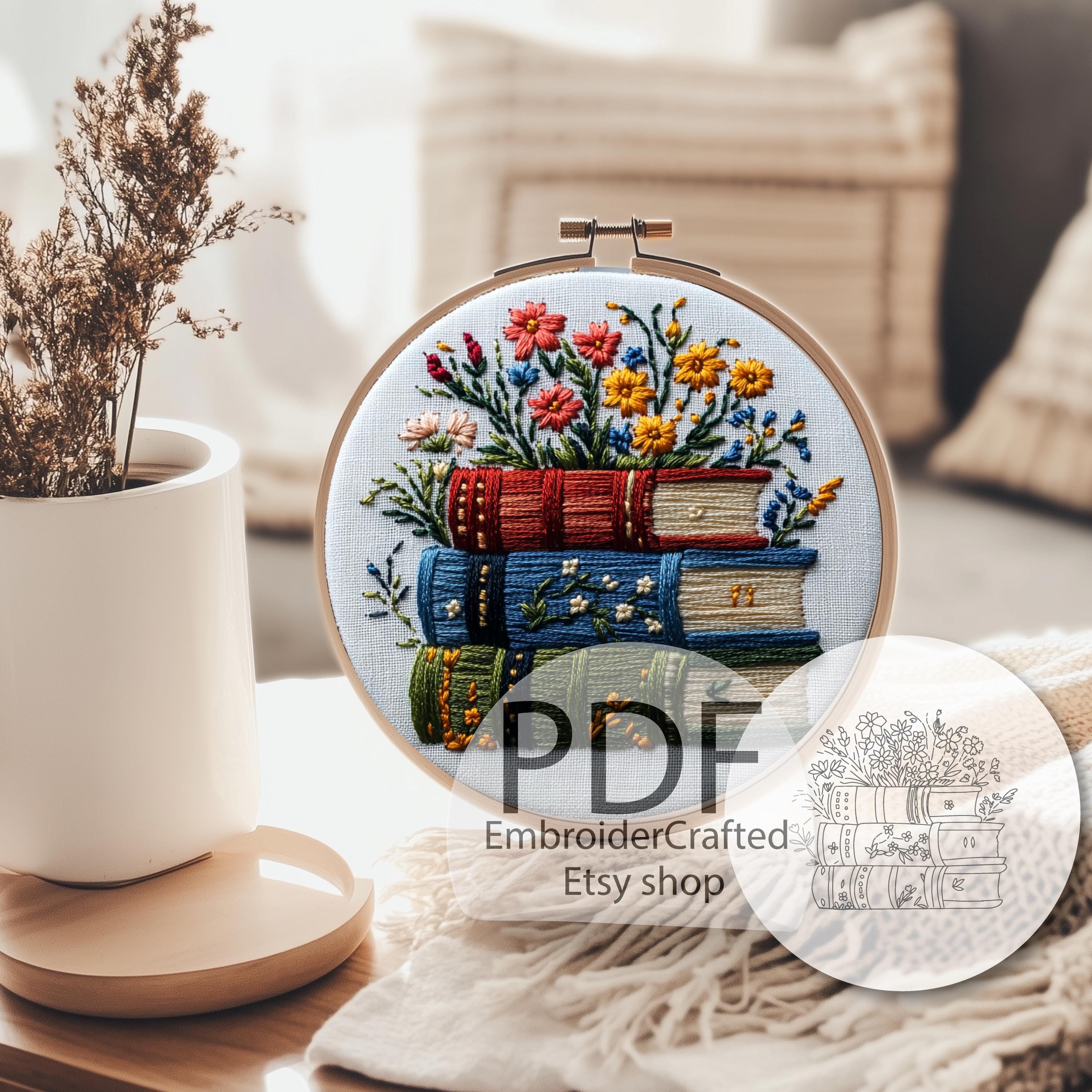 Floral Books Stack Hand Embroidery Hoop Pattern. Botanical Book Lover ...