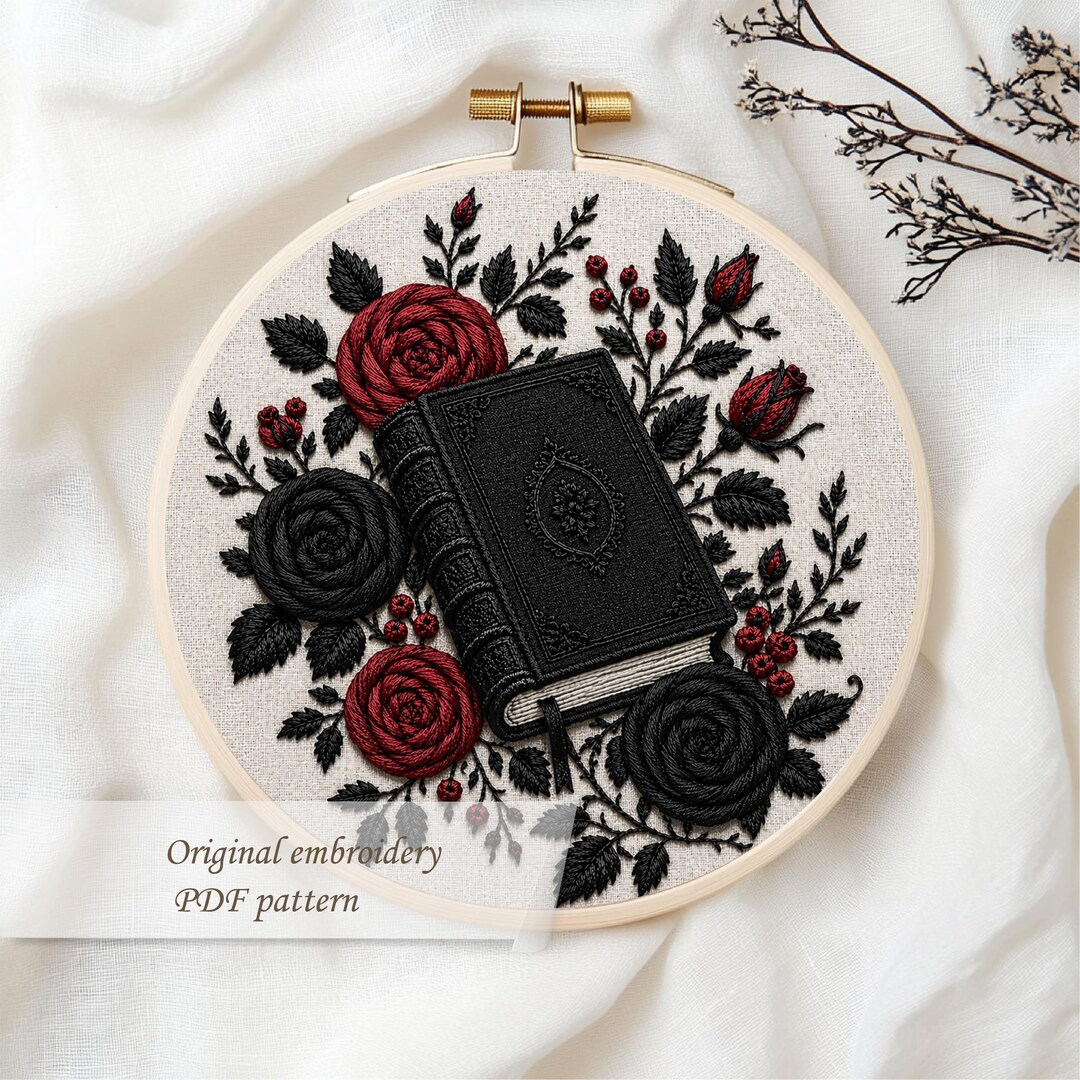 Gothic Book Embroidery File Design With Red and Black Roses. Gotch ...