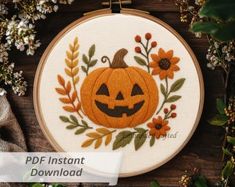 ハロウィンかぼちゃの刺繍パターン：花柄ジャック・オー・ランタン
