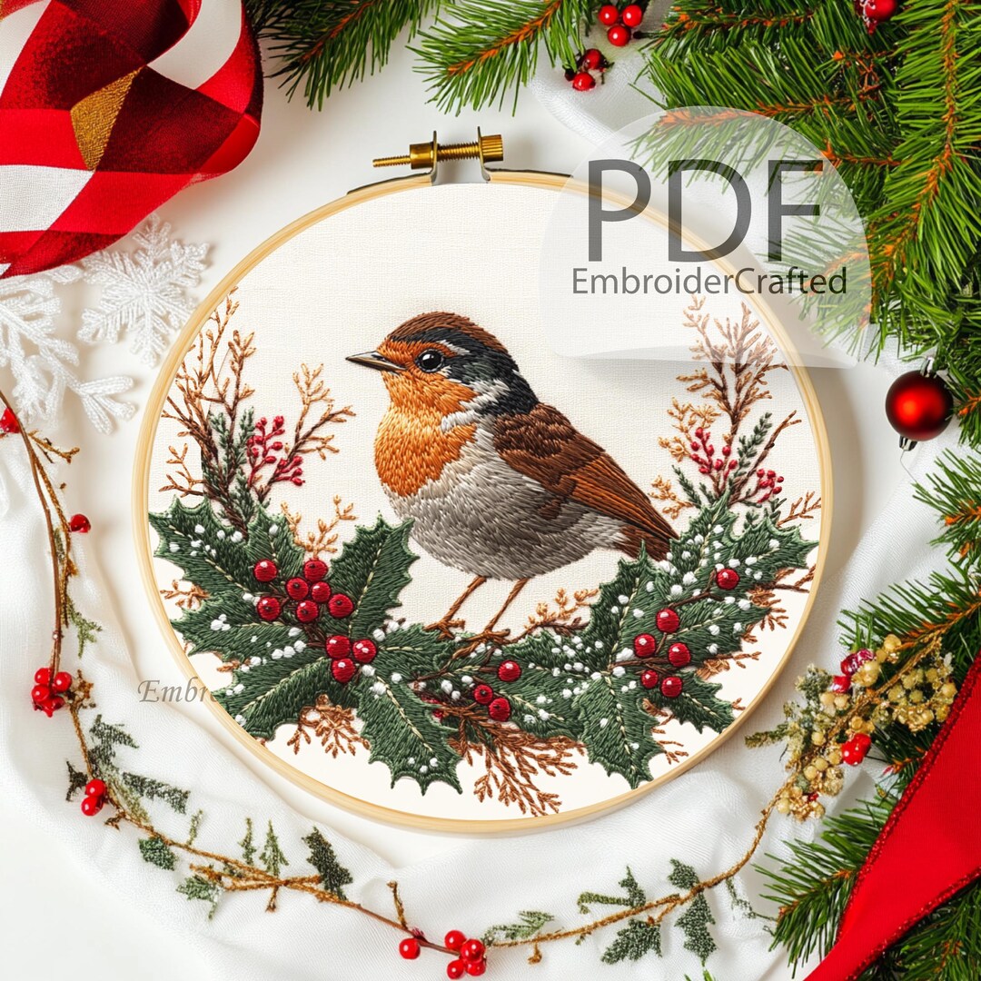 Robin Bird Embroidery Template Designs, Christmas Holly Berry Pattern ...