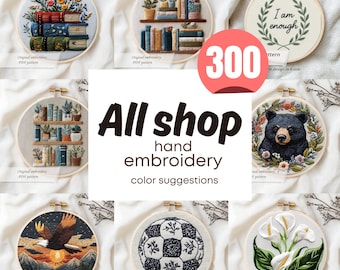May include: A collection of hand embroidery designs in wooden hoops. The designs include stacks of books with flowers, a bookshelf with plants, a bear surrounded by flowers, an eagle, a soccer ball, and calla lilies. The text "All shop hand embroidery color suggestions" is also visible.