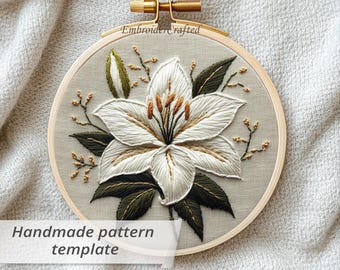 White Lily Embroidery Pattern: Floral Hoop Art DIY (PDF Download 6 Sizes)