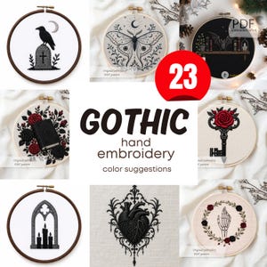 May include: A collection of Gothic-themed hand embroidery patterns. Designs include a raven on a tombstone, a moth with a crescent moon, a bookshelf with a bat, a book with roses, a key with a rose, a gothic window with candles, a heart, and a skeleton hand. The number 23 is in a red circle.
