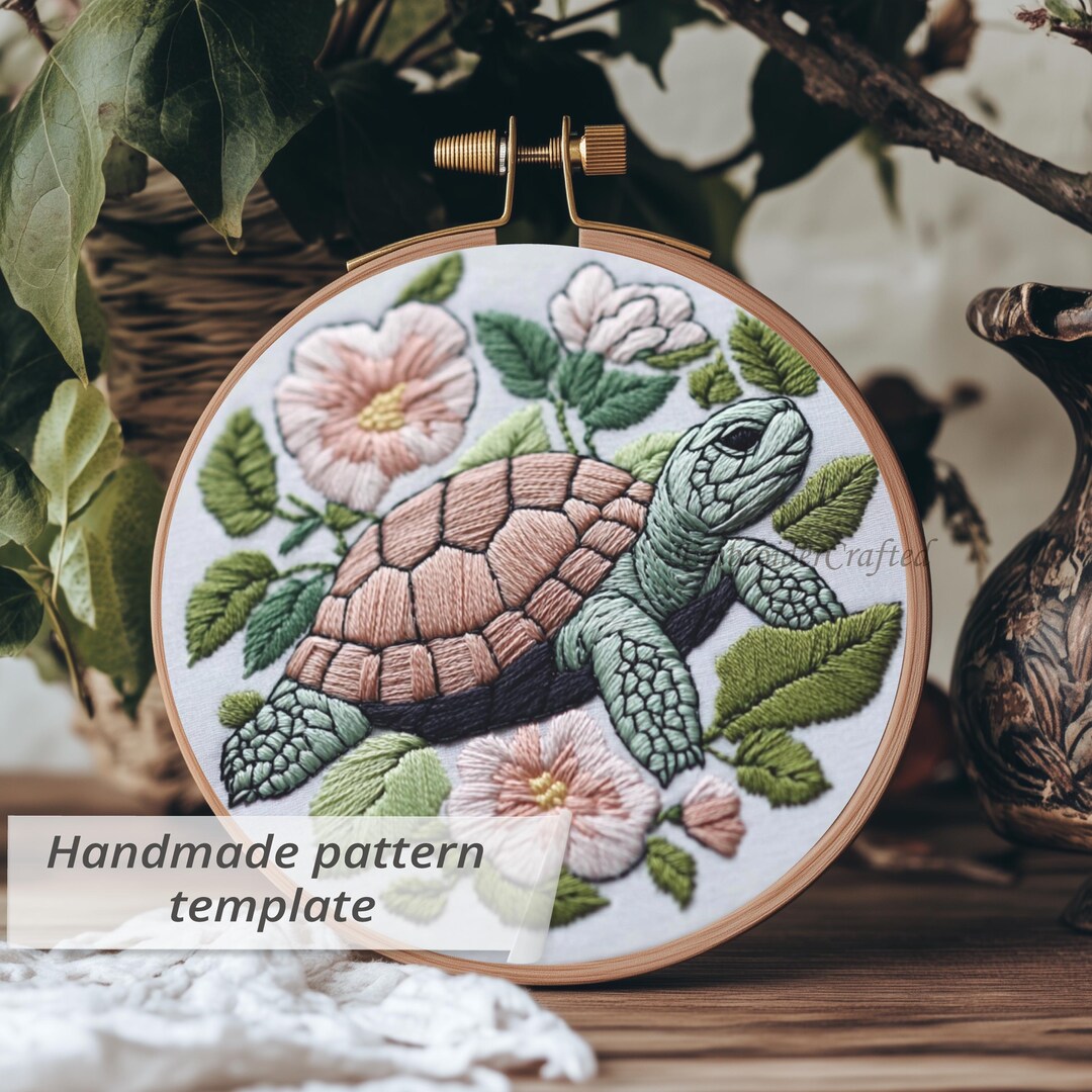 Embroidered Turtle Simple Floral Turtle Embroidery Pattern PDF: Beginner Hand Embroidery Design ...