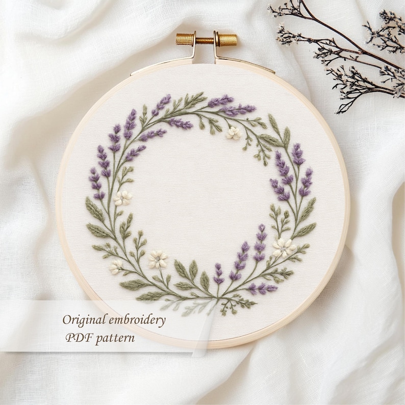 Lavender Wreath EMBROIDERY FILE Design With Delicate Floral Hoop Art ...
