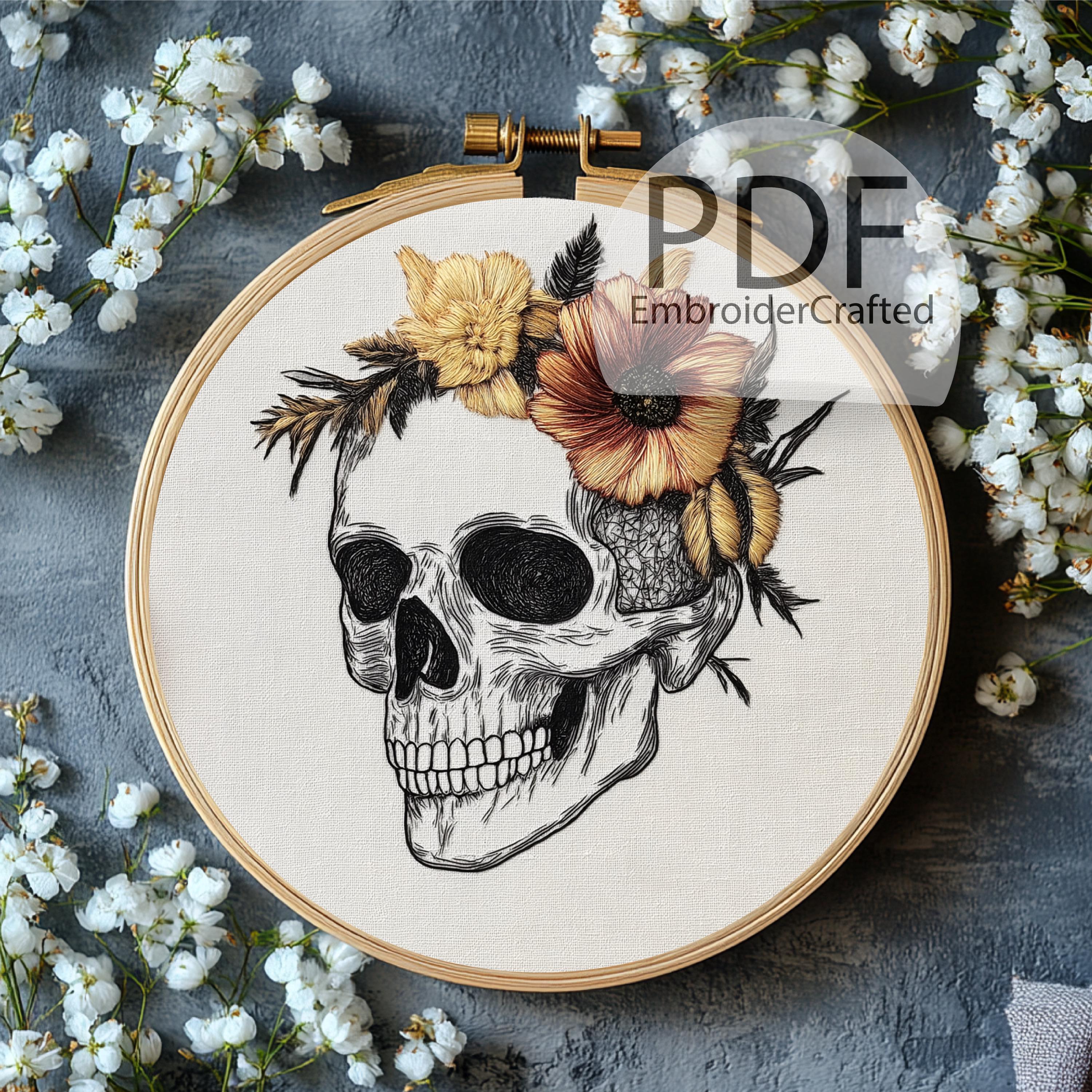 Gothic Digital Embroidery Skull Floral Hand Embroider Pattern