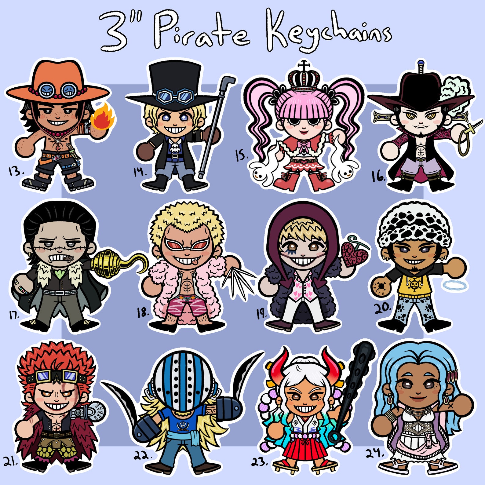 Colorful anime-inspired pirate character acrylic keychains featuring cartoon baseball-style designs