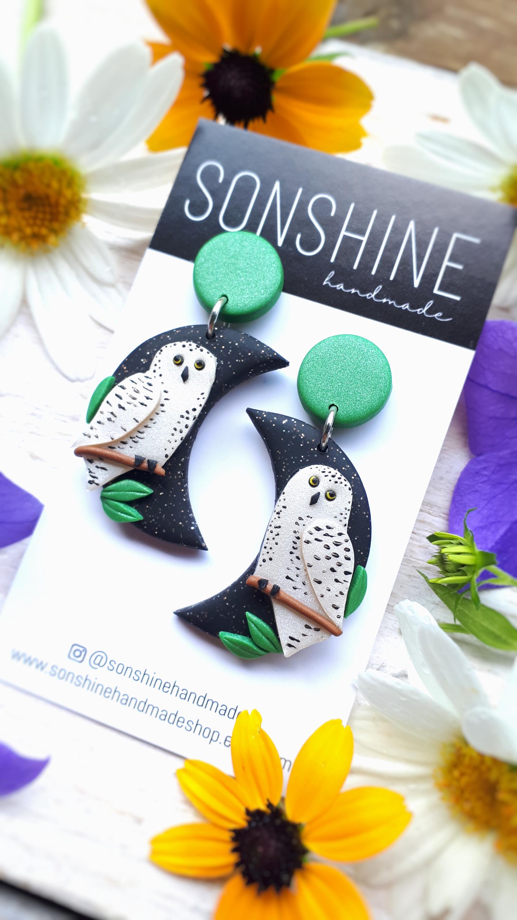 Snowy Owl Earrings - Moon and Owl Jewelry - Bird Lover Gift - Fall Statement Earrings - Neutral Colo