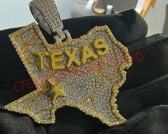 TEXAS Map Charm Pendant Moissanite Round 14K Yellow Gold Plated in 925 Silver, Texas State Name/State Love/ Map Pendant
