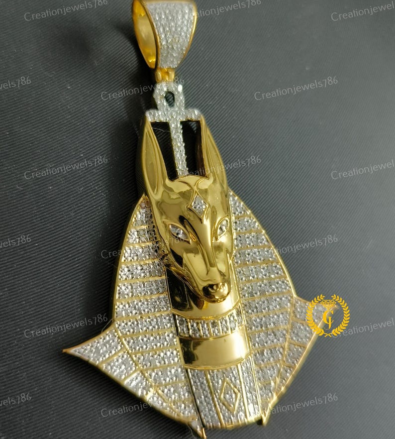 Ancient Egyptian Goodies Anubis God Ankh Cross Pharaoh Custom Charm Pendant Moissanite 14K Yellow Gold Plated in 925b Silver image 2