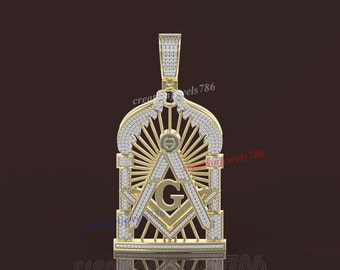 Men&#39;s Real Genuine VVSI/D Round Moissanite Masonic Freemason G Compass Frame Charm 2.10 Cwt. Pendant 14K Yellow Gold Plated Ready To Ship