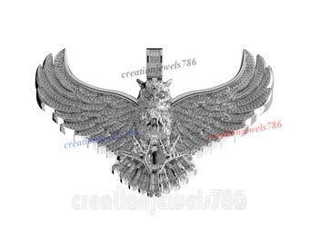 Owl Eagle Winged Handmade Charm Pendant Round Moissanite in 925 Sterling Silver, Animal Gift Men&#39;s Jewelry, Gifts for Him Her Ready To Ship