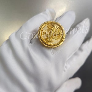 Exclusive for Men&#39;s 20mm American Liberty Coin Nugget Ring Solid 925 Silver 14K Yellow Gold Plated, Heavy, Gift for Him, Christmas Special