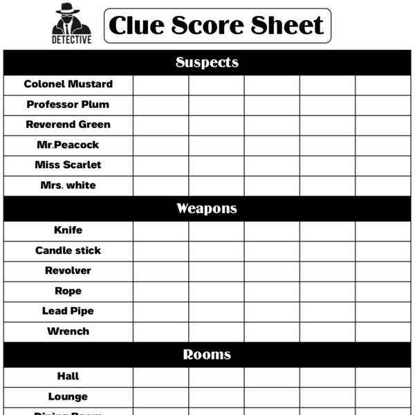 Clue score card -  Clue Scoresheet - Clue Score pads - Printable file - PDF Download 8.5x11