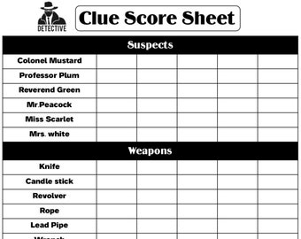 Clue score card -  Clue Scoresheet - Clue Score pads - Printable file - PDF Download 8.5x11
