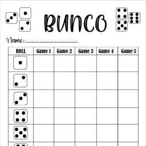 Bunco-scorekaart - Bunco-scoreblad - Bunco-scoreblokken - afdrukbaar bestand - pdf-download: 8,5 x 11 inch