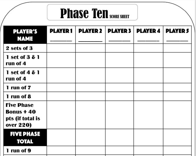 Phase Ten Score Card Phase Ten Scoresheet Phase Ten Score - Etsy