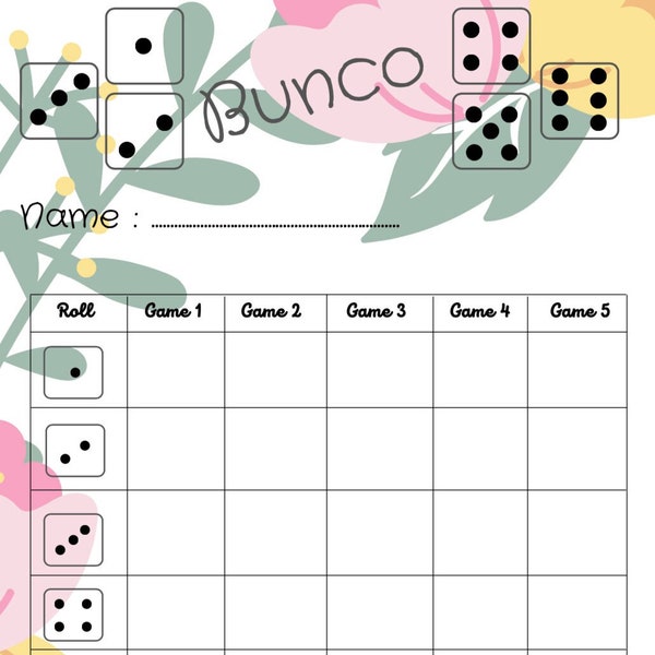 Floral bunco score card -  Bunco Scoresheet - Bunco Score pads - Printable file - PDF Download 8.5x11