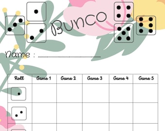 Floral bunco score card -  Bunco Scoresheet - Bunco Score pads - Printable file - PDF Download 8.5x11