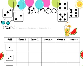 Carte de score bunco d'été - Feuille de score Bunco - Blocs de score Bunco - Fichier imprimable - Téléchargement PDF 8,5 x 11