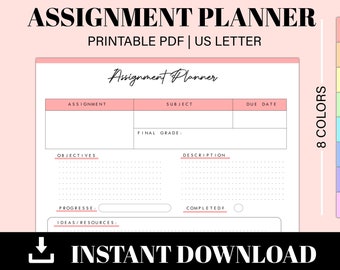 Assignment Planner Printable - Assignment Log - Homework Planner - Student Planner - Instant Download | US Letter