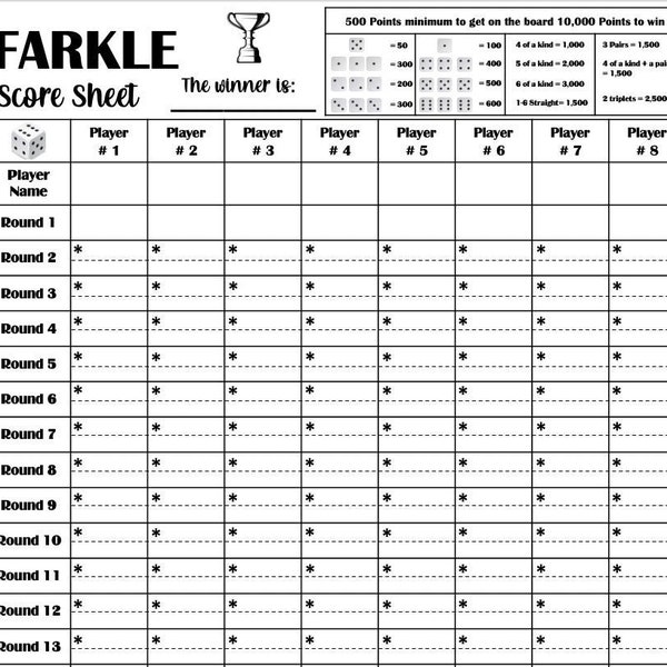 File stampabile Farkle Score Card - Scarica PDF 8.5x11