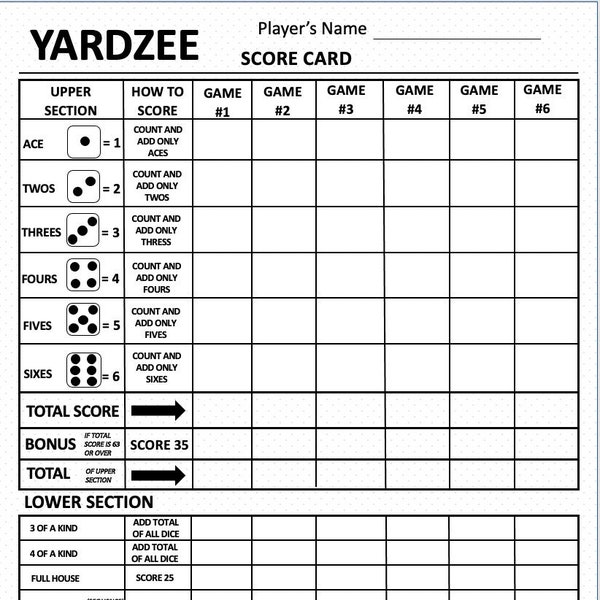 Carte de pointage Yardzee - Feuille de pointage Yardzee - Blocs de pointage Yardzee - Fichier imprimable - Téléchargement PDF 8,5 x 11
