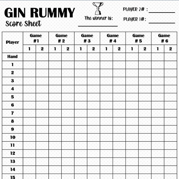 Gin Rummy score card -  Gin Rummy Scoresheet - Gin Rummy Score pads - Printable file - PDF Download 8.5x11