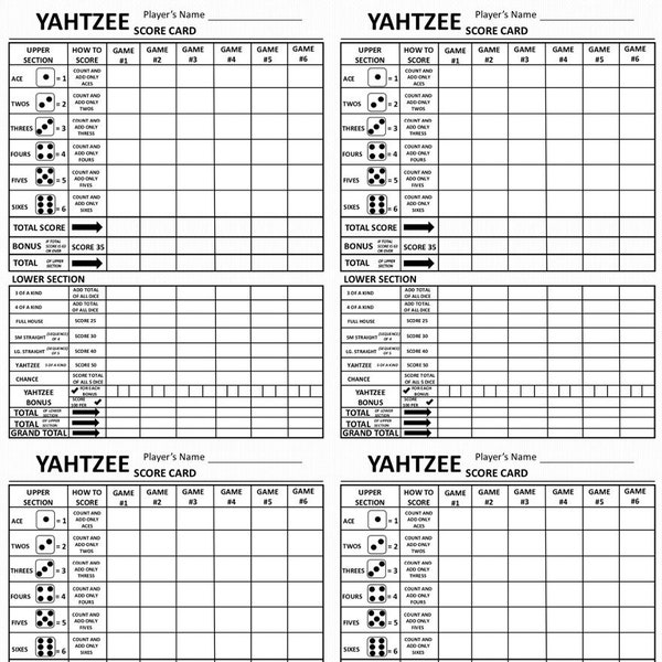 four Yahtzee score card -  four Yahtzee Scoresheet -  four Yahtzee Score pads - Printable file - PDF Download 8.5x11