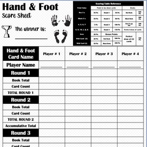 hand and foot score card -  hand and foot Scoresheet - hand and foot Score pads - Printable file - PDF Download 8.5x11