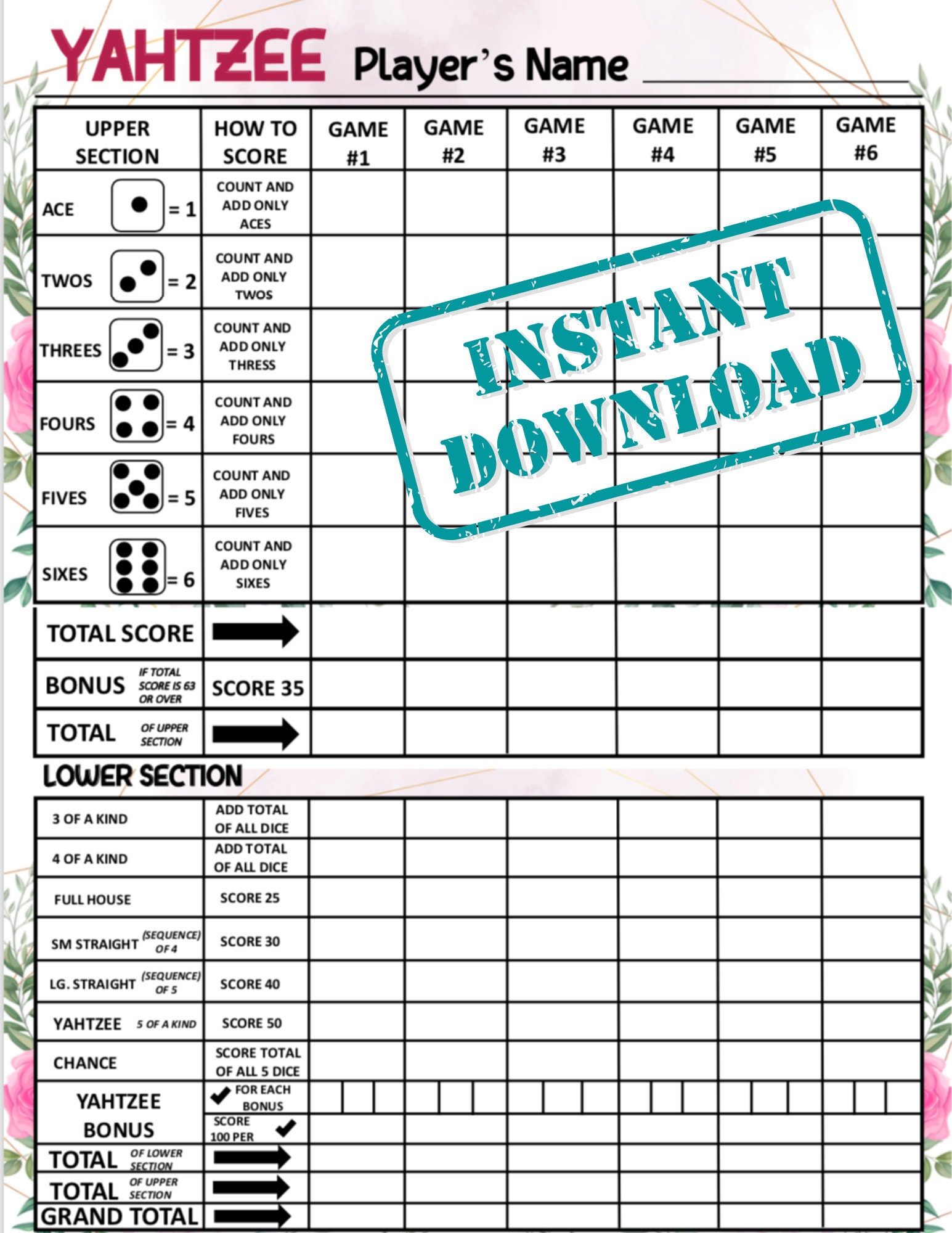 flower yahtzee score card yahtzee scoresheet yahtzee etsy