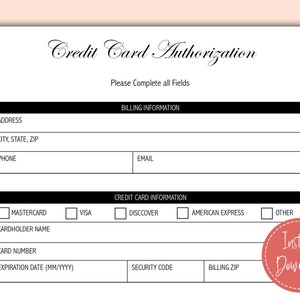 Formulario de autorización de tarjeta de crédito / Facturación con tarjeta de crédito / Plantilla PDF editable