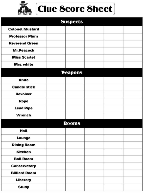 Clue Score Card Clue Scoresheet Clue Score Pads Etsy