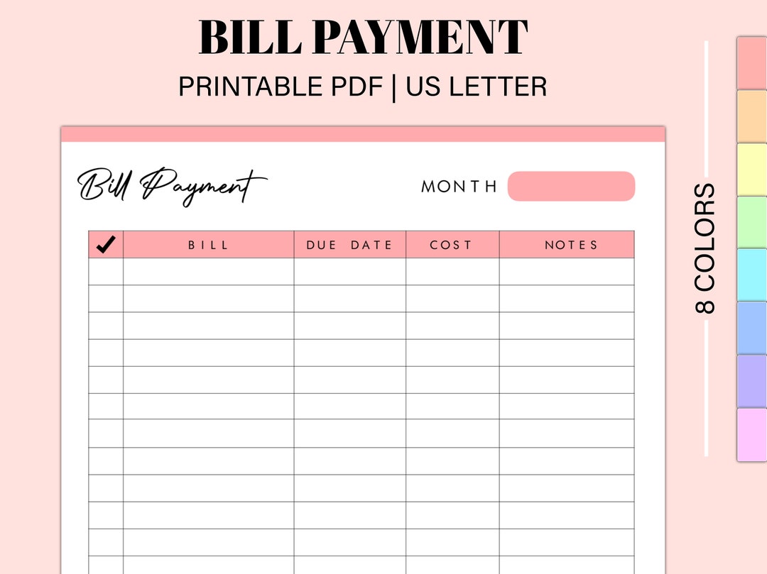 Monthly Bill Payment Tracker Printable | Bill Pay Checklist Organizer ...