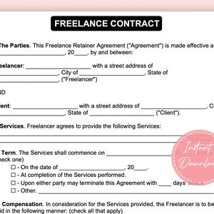 May include: A black and white printable freelance contract template. The contract includes sections for the parties, services, term, and compensation. The text "Instant Download" is visible in the lower right corner of the document.
