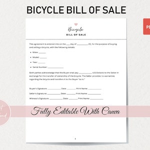 May include: A printable bicycle bill of sale form with fields for the buyer and seller to fill in, including the make, model, year, and serial number of the bicycle. The form also includes spaces for signatures and dates.