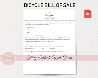 Bicycle Bill of Sale Template  | Bike Purchase Form | Cycling Transaction Contract | Professional and Customizable | Instant Download