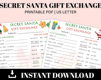 Puede incluir: Juego de intercambio de regalos de Secret Santa imprimible con un tema navideño festivo. El juego incluye una lista de preguntas "Mis favoritos" y "Esto o aquello" para ayudar a los jugadores a conocer las preferencias de cada uno. El juego está diseñado para un papel de tamaño US Letter.