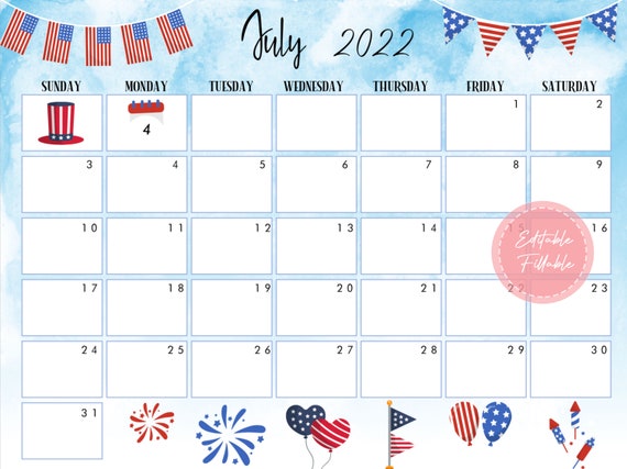 Editable July 2022 Calendar Printable Calendar Fillable | Etsy