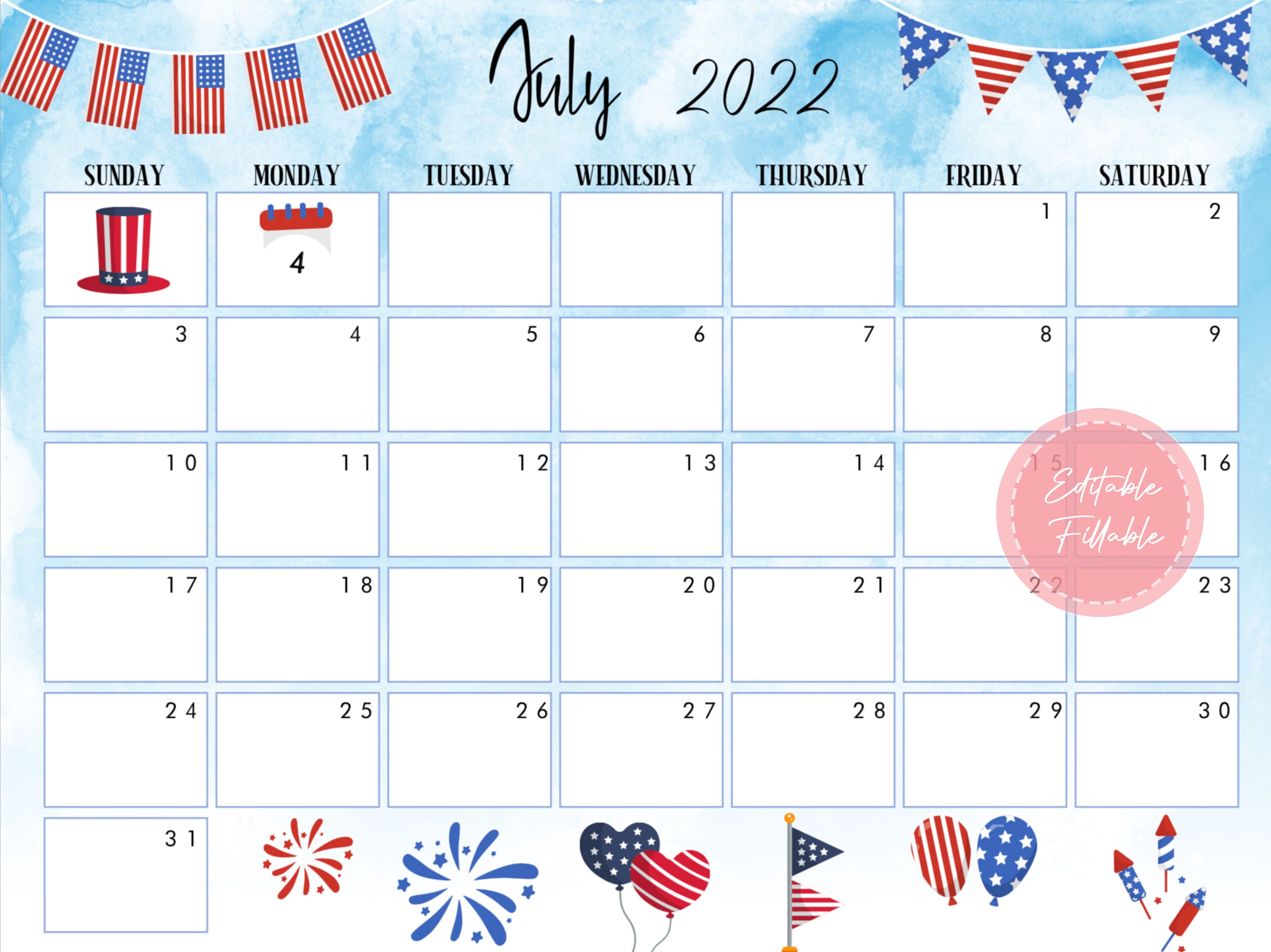 editable july 2022 calendar printable calendar fillable etsy new zealand