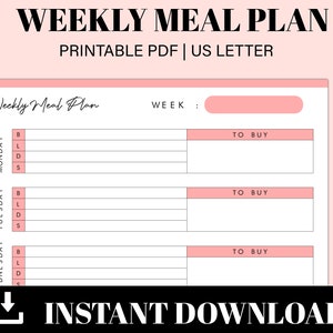 Weekly Meal Plan Printable | Meal Plan Printable |  Weekly Meal Planner   | Instant Download | US Letter