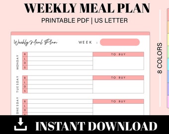 Weekly Meal Plan Printable | Meal Plan Printable |  Weekly Meal Planner   | Instant Download | US Letter