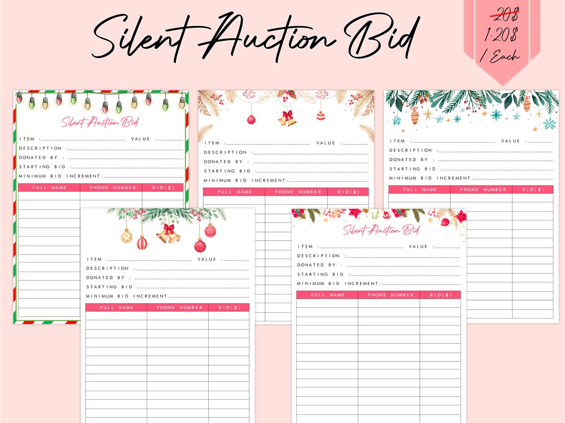 Editable Christmas Silent Auction Bid Sheet Fundraiser Event Christmas