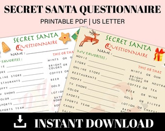 Questionnaire imprimable du Père Noël secret | Père Noël secret de Noël | Liste de cadeaux de Noël | Échange de cadeaux de Noël | Téléchargement instantané | Lettre américaine