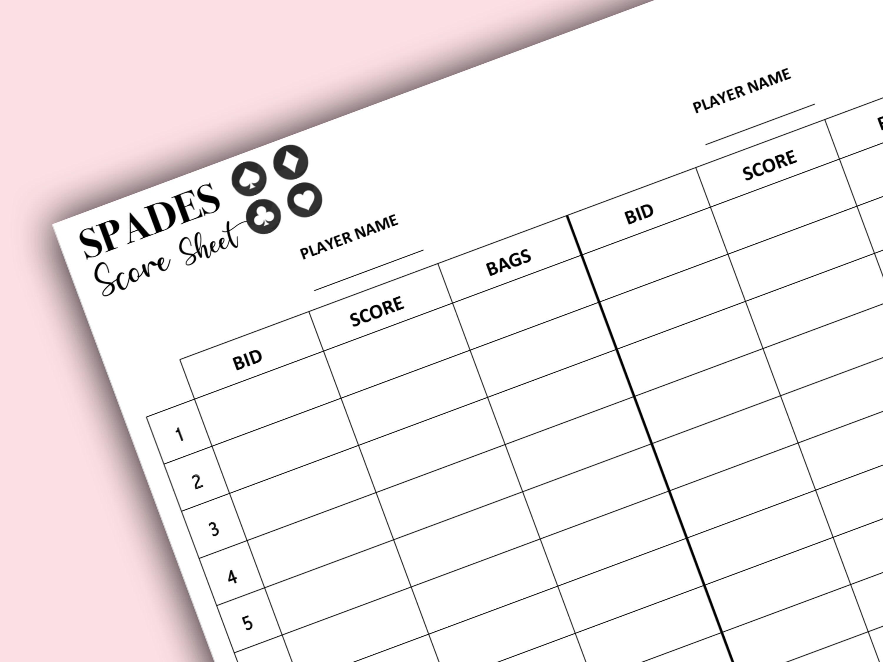 Spades Score Card Spades Scoresheet Spades Score Pads Printable File