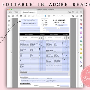 May include: A blue and white cleaning proposal template in Adobe Reader. The template includes sections for your business name, services required, frequency, and terms and conditions. The template is editable.