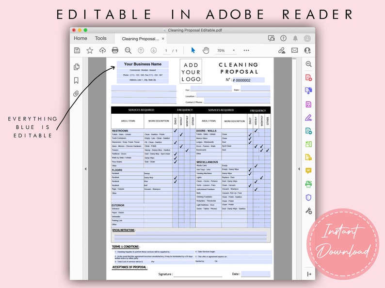 May include: A blue and white cleaning proposal template in Adobe Reader. The template includes sections for your business name, services required, frequency, and terms and conditions. The template is editable.