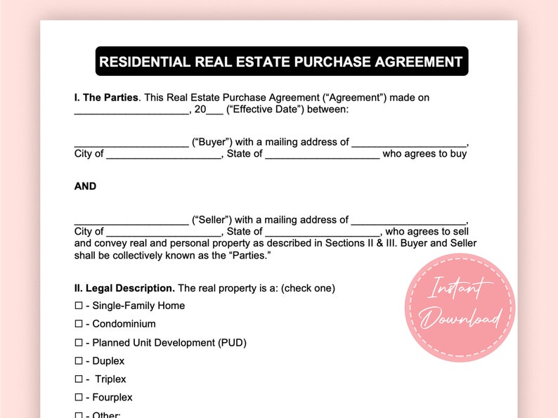 Real Estate Purchase Agreement Standard Property Purchase Agreement Etsy